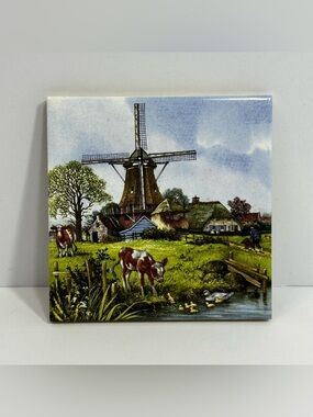 Vintage Ter Steege Tile Made in Holland 4"x4" Farm Cows Windmill Farmhouse Decor